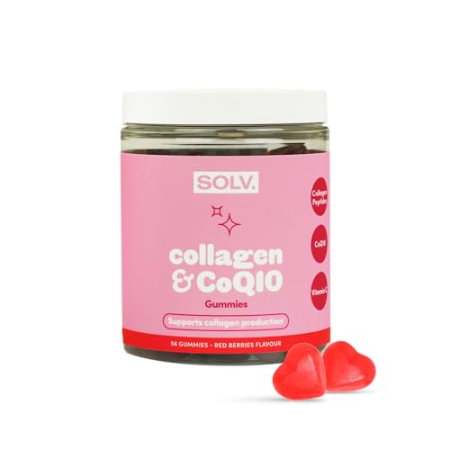 SOLV Collagen Peptides & CoQ10 Gummies – Biotin, Vitamins A & C – Supports Collagen Production for Hair, Skin & Nails – Beauty Supplement for Women & Men – 56 Chewable Red Berries Flavour Gummies (56)