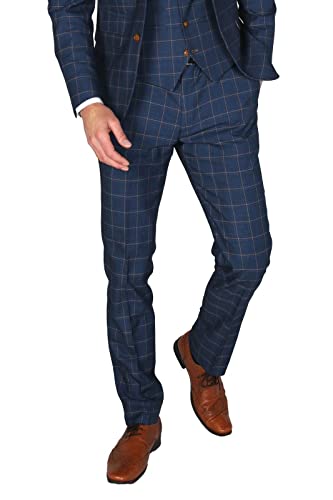 Mens Boys Windowpane Check Tailored Fit Navy Blue Suit Pageboy Formal Business Wedding 3 Piece Set