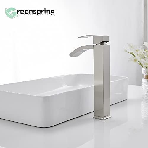 Greenspring Brushed Nickel Bathroom Faucet Vessel Sink Single Hole Single Handle Waterfall Spout Lavatory Commercial Bath Vanity Bowl Faucets Tall Body Supply Line Lead-Free #TOP3