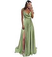 POMUYOO Women's Spaghetti Straps Satin Bridesmaid Dresses Long Slit Formal Prom Ball Gowns with P...