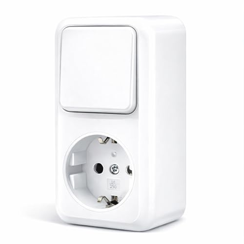 Base Enchufe Schuko de superficie con interruptor, Enchufe con Interruptor Conmutador para Montaje en Pared, Toma de Corriente para Interior, 10AX,16A,250V, Ideal para el Hogar y la Oficina