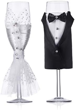 Wedding Tuxedo Dress Wine Glasses Handmade Bride and Groom Champagne Flutes for Toasting,Wedding Gifts,Bridal Shower Gifts,Wedding Favors,Couples Gifts,Wedding Decorations(set of 2)