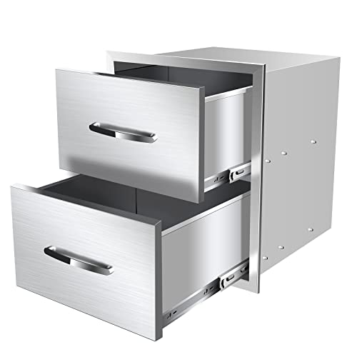 Image of Outdoor Kitchen Double Drawers 14 inch W x 15 inch H x 23 inch D Inches BBQ Drawer Stainless Steel Access Drawers with Exquisite Handle for Outdoor Kitchen Island or Grill Station