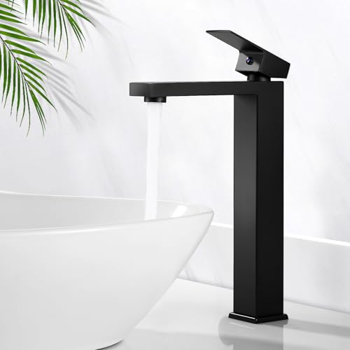 Robinet Salle Bain Noir, BOOXELY Mitigeur Lavabo Haut, Mitigeur Monocommande Salle de Bain eau Chaude et Froide, Moderne Robinetterie Vasque à Poser, Avec Tuyaux d'eau...