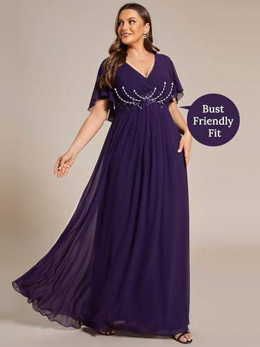Image of Ever-Pretty Short Sleeves V Neck Plus Size Formal Dresses for Curvy Women Chiffon Mother of The Bride Dress Evening Gowns