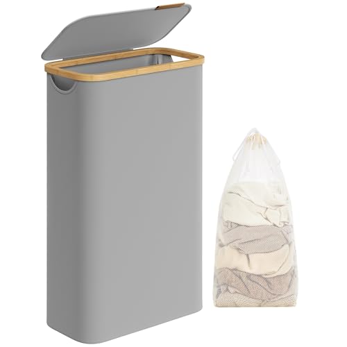 SONGMICS Panier à Linge Mince avec Couvercle, 65L, Gain de Place, Doublure en Maille Amovible, Tissu Oxford, Poignées en Bambou, Pliable, 42 x 22,5 x 70,5 cm, Gris...