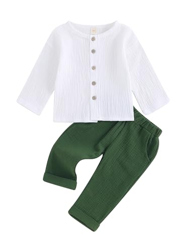 Consejos y reviews para comprar Camisa lino bebe disponible en línea para comprar. 37 Ropa de algodón y lino para niños pequeños, camisas de manga larga con botones, conjunto de pantalones casuales de 1 a 4 años, Verde, 2-3T