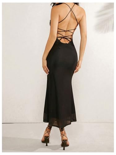 Soly Hux Women'S Floral Print Mesh Bodycon Cami Dress Criss Cross Tie Backless Long Dresses Black Floral Small thumb #1