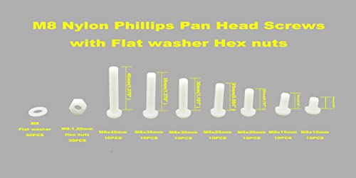 MCMASKE Metric M8 Phillips Pan Head Nylon Screws Nuts Flat Washers Assortment Kit, Screws Length:10mm to 40mm(White) by MCMASKE - Image 3