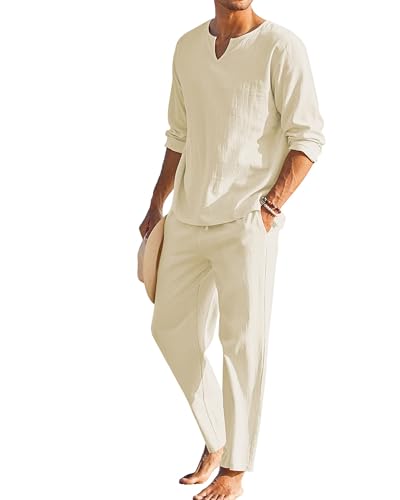 SANSIWU 2-teiliges Herren-Set aus Baumwoll-Leinen, lässig, einfarbig, langärmelig, Henley-Hemd und lockere Hose mit Kordelzug, Sommer-Strand-Outfits, A-Kaki, XXL