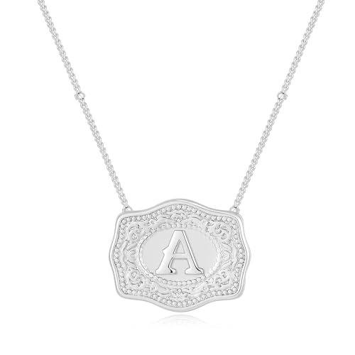 Belt Buckle Necklace With Initial For Women, 18k Gold Plated Mini Embossed Letter Pendant Western Charm Gift Jewelry