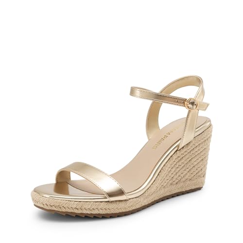 DREAM PAIRS Espadrilles Wedge Sandals for Women, Women's Open Toe Summer Dressy Sandals with Adjustable Ankle Strap and Soft Footbed 7.5 Gold-pu