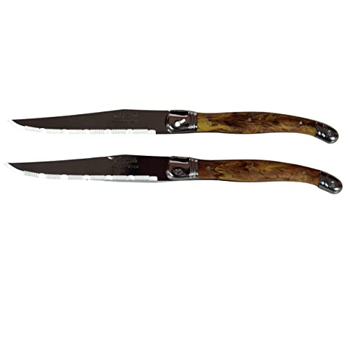 2 Couteaux Marque Laguiole Ergonomique À Steak Lame Inoxydable Chaque Couteau Avec Son Manche En PVC Couleur Marron Design Bois, Superbe Tranchant Pour La Cuisine Fabrication Française Viande Office
