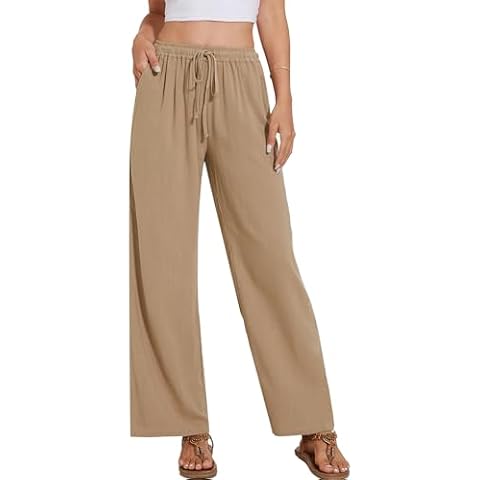 Breezy Lane Linen Pants for Women 2024 Summer High Waist Palazzo Pants Boho Beach Trousers with Pockets Khaki Cover