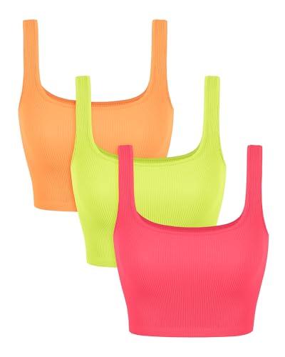 Image of ODODOS 3-Pack Seamless Square Neck Crop Tank for Women Ribbed Knit Soft Low Back Cropped Tops