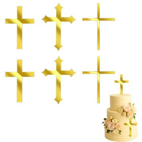 WGCHAIE 6 Pièces Gâteau en Forme de Croix Décoration, Cake Topper Bapteme Croix Deco Or Gâteau Topper en Acrylique pour Mariage Fête D'anniversaire Communion