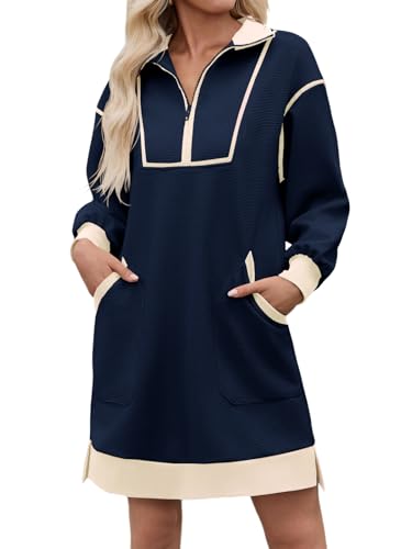Image of Wenrine Womens Half Zip Sweatshirt Dress Fall V Neck Contrast Mini Dresses