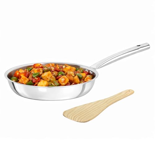 Image of Kreme Platina Triply Stainless Steel Frying Pan - 1.45 L, 22 cm | 2.5 mm Thick Tri ply Cookware | Heavy-Bottom Frypan for Healthy, Low-Oil Cooking | Induction and Gas Compatible | Scratch Resistant