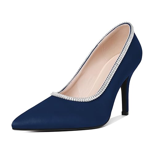 Joseywade Womens High Heels Pointed Toe Stiletto Heel Pumps Slip-on Rhinstone Crystal Chain Closed Toe 3.5 Inch Dress Shoes for Wedding Bridal Party