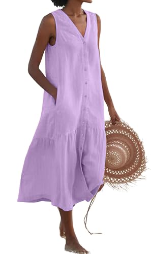 Image of chouyatou Women's Summer Sleeveless Button Down Cotton Tank Dress Loose A-Line Tiered Tunic Beach Dress