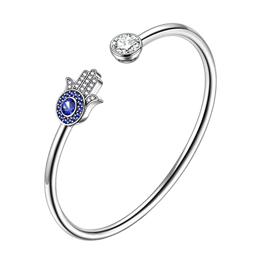 beautlace Hamsa Hand of Fatima Evil Eye Bangle Silver Plated Adjustable Hand Bracelets Protection Good Luck Jewelry Gifts for Women Men KB0019W