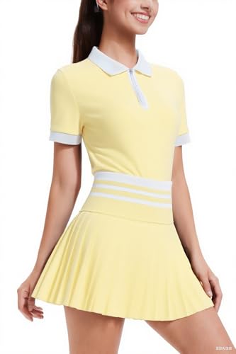 Image of Tennis Skirt Sets for Women Zipper Color Block High Waisted Golf Polo Two Piece Skirt Set Women 2 Piece Outfits