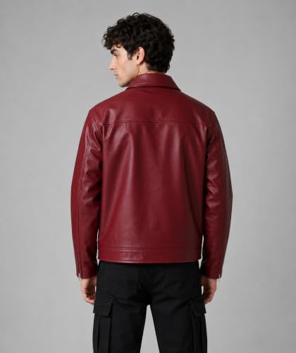 Image of Men Burgundy Faux Leather Oversized Jacket with Metal Clasp Fireman Buckle