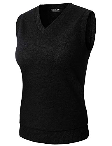 GIVON Womens Solid Classic V-Neck Sleeveless Pullover Sweater Knit Vest Top/DCV020-BLACK-M
