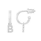 PAVOI 14K White Gold Plated 925 Sterling Silver Post Huggie Earrings with Initial Dangle - CZ Huggie Hoop Earrings - Women's Cubic Zirconia 'B' Initial