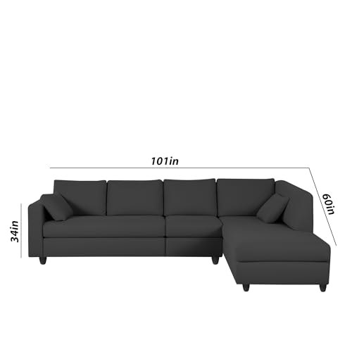 Image of Florian RHS 6 Seater L Shape Sofa Set for Living Room (Black Fabric) Premium Fabric Sofa