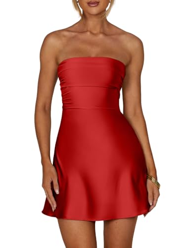 XXTAXN Women's Sexy Tube Strapless Ruched A Line Wedding Guest Cocktail Satin Mini Dress