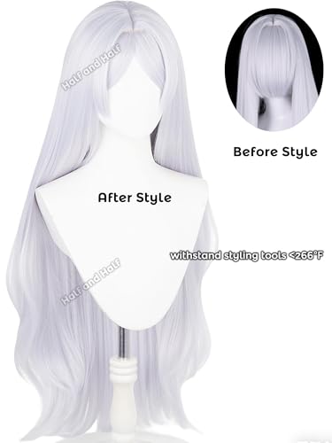 Image of Frieren Cosplay Costume Wig 37.4'' Long Curly Silver White Anime Wigs | Light Gray Wave Wig with Bangs Synthetic Hair for Women Halloween Party Daily