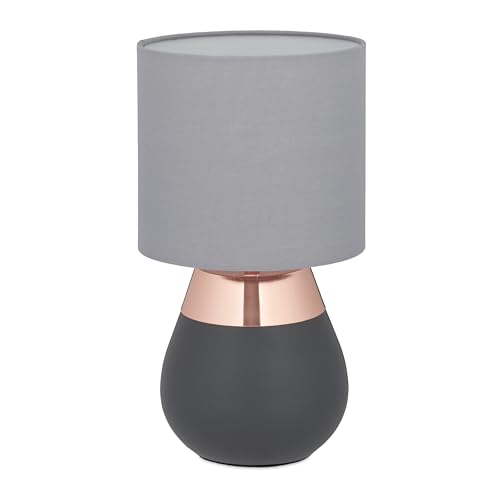 Relaxdays Lámpara Mesa, Base Metálica y Pantalla Tela, E14, 32x18 cm, Lamparita con Cable, Mesita Dormitorio, Cobre, 20% Hierro