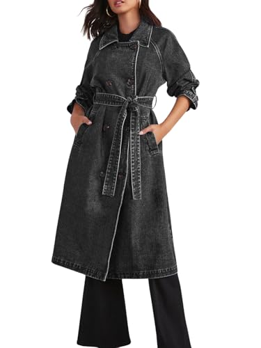 Women's Double Breasted Denim Trench Coat Classic Lapel Long Jean Jacket With Belt - Main Image