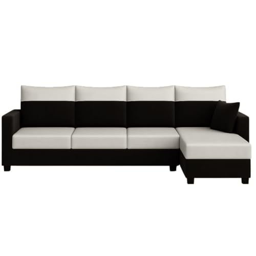 Image of FURNY Arissa 5 Seater Fabric RHS L Shape Sofa Set with Extra Cushions (Light Grey-Black) Premium Velvet Finish | Ideal of Living Room
