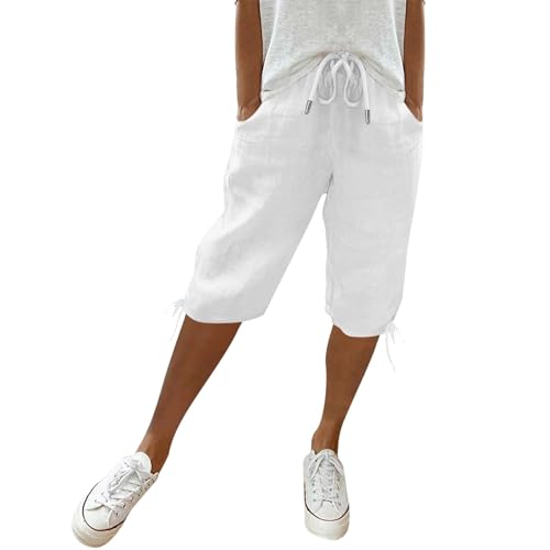 Women's Bermuda Shorts, Summer Shorts for Women, Knee Length Elastic Waist Swing Plus Size Lined Drawstring Solid Workout Tummy Control Half Pants Pocket White XXXL