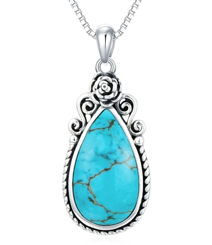 Genuine Turquoise Birth Flower Pendant Necklace, Sterling Silver Vintage Native Western Jewelry Birthdays Gift for Women