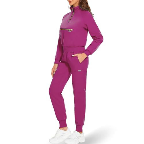 VIAOLI Scrub for Women Set Long Sleeve Jackets & Jogger Pants 8 Pockets Nurse Uniforms with Lapel Zip Collar Clearance (Rose red,L,Large)