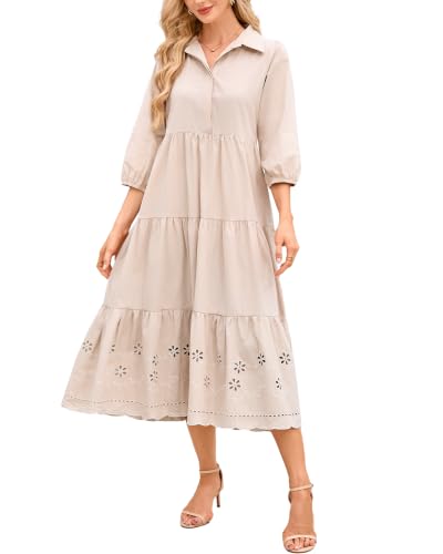 Image of Women Button Down Maxi Shirt Dress Long Sleeve Flowy Tiered Collared Dresses with Pockets