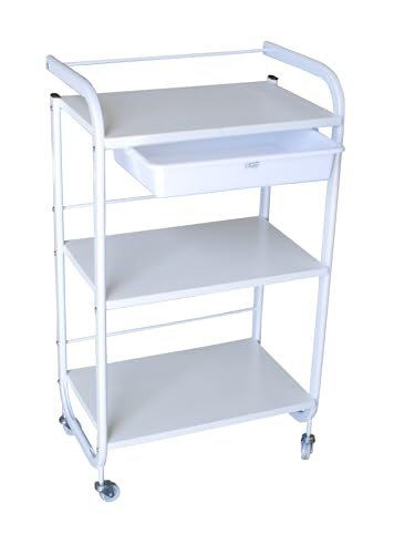 Italian Design – Carro Estética 3 Estantes con Cajón – Carrito Profesional para Salón de Belleza – Ligero y Fácil de Transportar – Diseño Moderno en Blanco – 84x48 cm