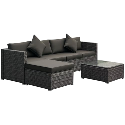 Outsunny 6 Piece Patio Furniture Set Outdoor Wicker Conversation Set All Weather PE Rattan Sectional Sofa Set with Ottoman, Cushions and Tempered Glass Table, Mixed Gray and Charcoal