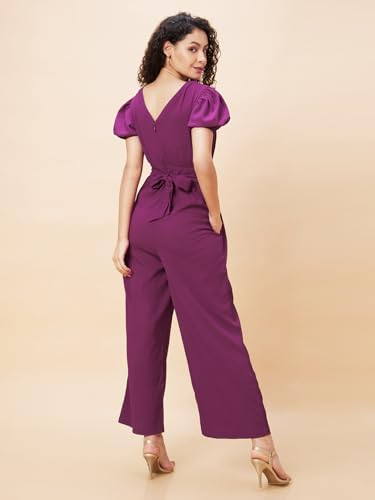 Image of Globus Women Wine Solid Wrap V-Neck Short Sleeves Jumpsuit with Waist Tie-Up-3638457004