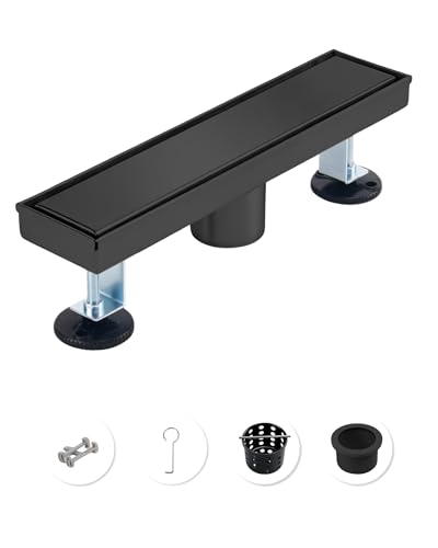 Image of 12 Inch Matte Black Linear Shower Drain | CUPC Certified 2-in-1 Tile Insert for Curbless Showers. 304 Steel, 15.8GPM Flow. Includes Hair Catcher & Adjustable Feet.