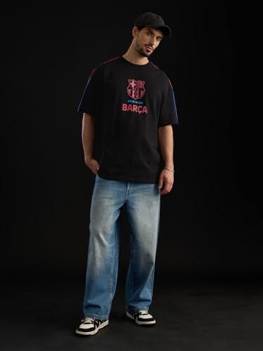 Image of The Souled Store FCB: Men and Boys Short Sleeves Round Neck Casual Lightweight Drop Shoulder Streetwear Trendy Oversized T-Shirts Black