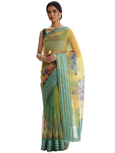 Image of AKHILAM Women's Yellow Organza Floral Printed Saree With Unstitched Blouse Piece (SAGE1004 AI2)
