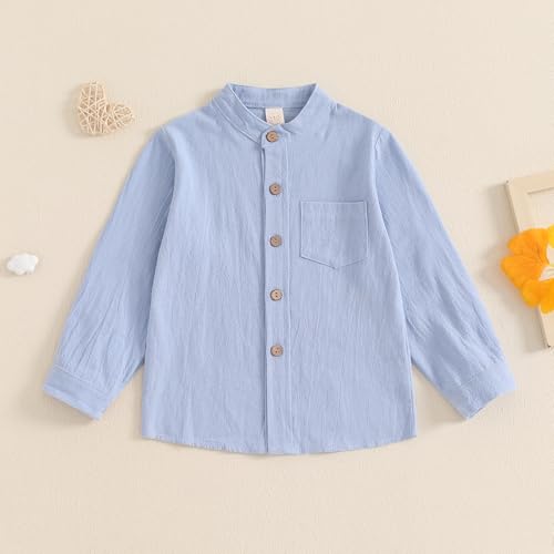 Kids Little Boy Cotton Linen Shirt Button Down Long Sleeve Henley Shirts Boys Dress Shirts with One Pocket2