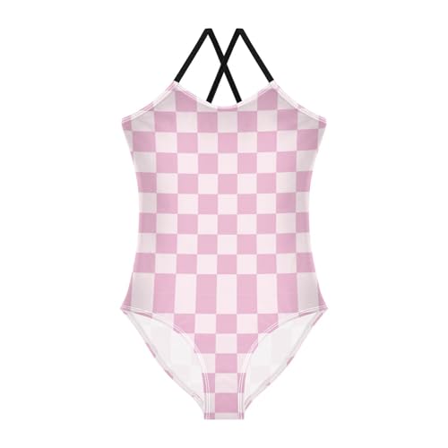 Image of Black and White Chess Girls One Piece Swimsuits Board Marble Tile Sport Halter Swimwear Beach Bathing Suit 3T