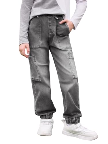 Haloumoning Boys Denim Cargo Pants Kids Elastic Waist Stretch Cargo Jeans with Pockets 5-14 Years