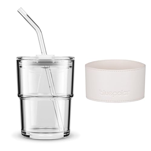 Image of BLUEPOLAR 13 oz Tumbler Water Glass, Water Bottle with Straw and Dustproof Lid, Coffee Ice Cup Double Wall Insulated Glass Cup (White with Protect Sleeve)