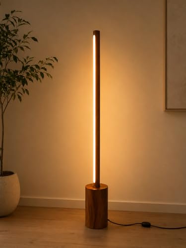 Image of Modern Wooden LED Floor Lamp for Living Room, 45 Inch Ambient Standing Lamp with Warm White Integrated LED, Natural Wood Finish, Minimalist Corner Floor Light for Bedroom, Office & Home Decor